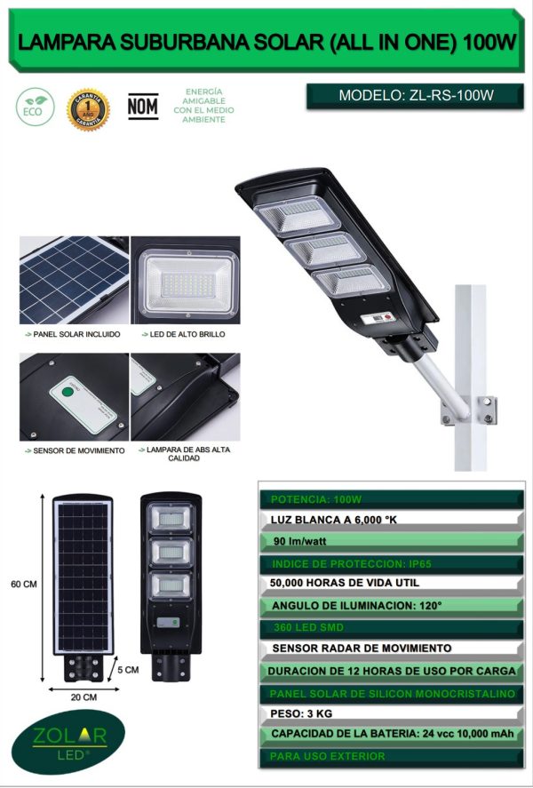 Lámpara Suburbana Solar ZL-RS-100W (incluye Tubo) - Image 7
