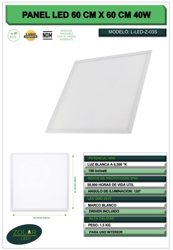 Panel led 60cm*60cm 40w Marco Blanco Driver de Metal - Image 3