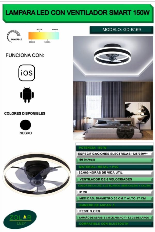Lampara Led con Ventilador Smart 150W 6 Velocidades 3 Tonos - Image 3